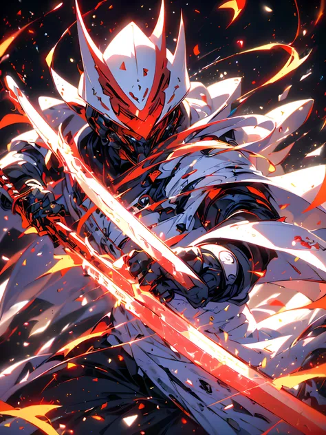 Super realistic, hyper realistic, super detailed, (cybersamurai, 1boy, ((solo)), ((attacking with red sword)) , wearing white armor and mask, cape, glowing beautiful red eyes, glow:1.3) (glowing simple black background:1.25),