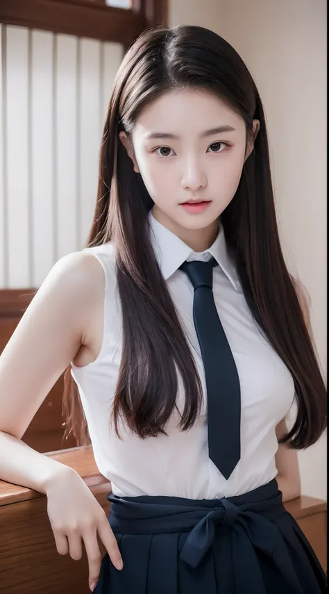 realistic photos of 1 cute Korean star, hair pulled back, white skin, thin makeup, 32 inch breasts size, wearing waist tie top, in the classroom, close-up portrait, UHD