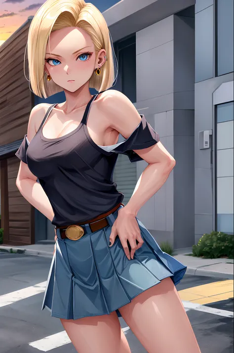 best quality, highres, and18, 1girl, android 18, solo, blonde hair, blue eyes, short hair, earrings, jewelry, medium breasts, co...