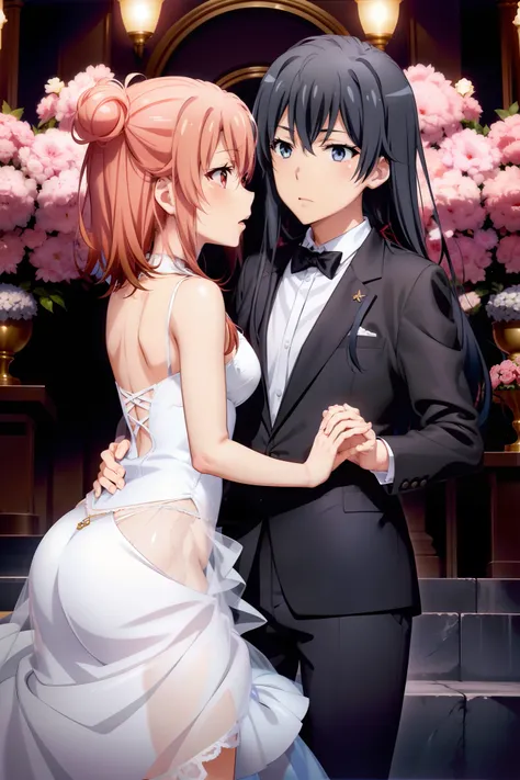 2girls, yuri, Yukinoshita Yukino, Yuigahama yui, Yui wears tuxedo and jeans, yukino in a wedding Dress, Waltz dance