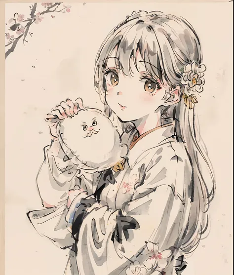 (tmasterpiece，best qualtiy：1.2），Tradition Chinese Ink Painting，Cute little bunny，Holding osmanthus flowers，White background image