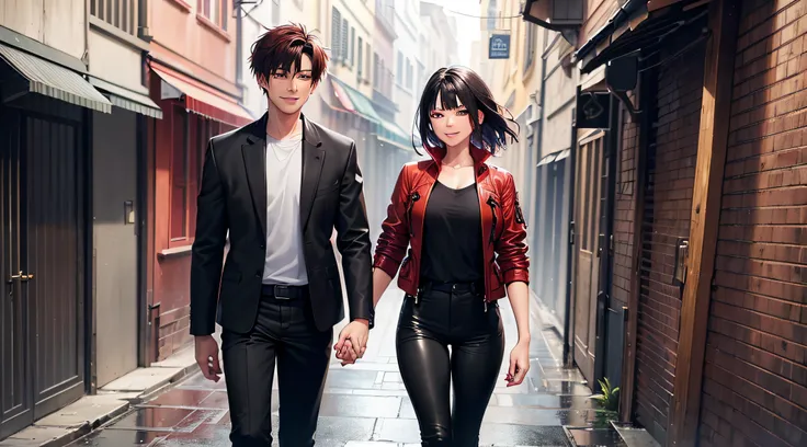 8k, masterpiece, extreme detail, expressive background, expressive clothing, 2characters, couples, ((1male, red short hair, brown eyes, jacket, black pants, smiling)), ((1female, long straight black hair, black pants, gray eyes, smiling)), back alley stree...