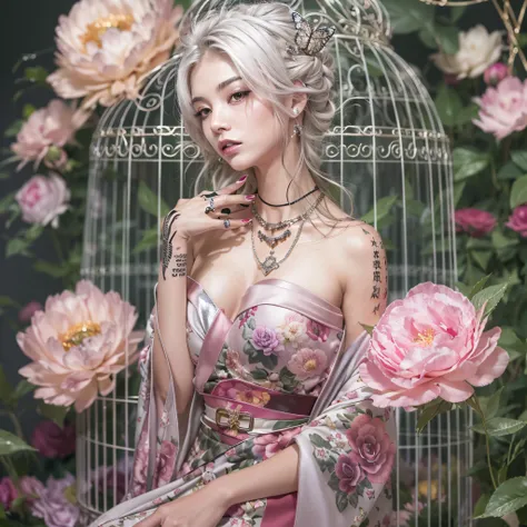 Masterpiece, high resolution，best quality，high definition, perfect composition, perfect face, perfect body, 8K，Cinematic lighting，Pink kimono，Off-Shoulder，large breasts，navel，collarbones，(Full body tattoo)，Tattoo peony，(Chewing kissel)，(Hairstyle is Yokohy...