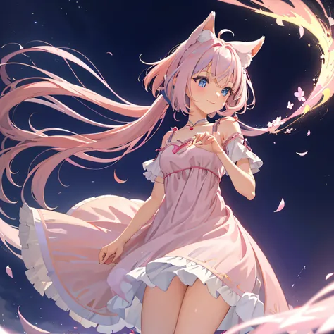 （tmasterpiece：1.6，best qualtiy），（Fine beautiful eyes：1.2），one-girl，anime coloring，A pink-haired，Plush ears，Floating hair，Sexy nightdress，cropped shoulders，a purple eye ，anime colors，fox ear，Ears stand tall，App icon，ssmile