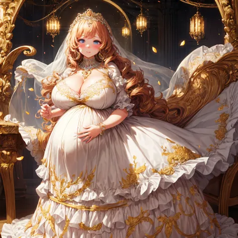 (masterpiece, best quality,extremely detailed:1.1),(moe anime art style:1.2),1girl,((full body,focus face)),((solo)), cute, kawaii,digital art,((1 bling-bling pregnant princess wearing beautiful embroidery and jeweled gorgeous rococo ballgown with jeweled ...