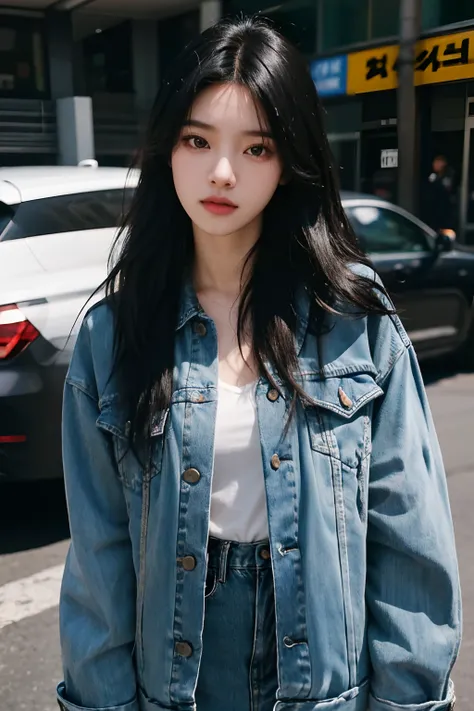 araffe woman with long black hair wearing a denim jacket, portrait of female korean idol, portrait of jossi of blackpink, shot on canon eos r5, shot on canon eos r 5, wan adorable korean face, shot on nikon z9, jinyoung shin, captured on canon eos r 6, tak...