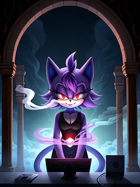 high quality digital art, a furry lavender female anthropomorphic cat from sonic the hedgehog, glowing red eyes, wispy hair, 4 hair plumes that go up like pillars of smoke, made out of smoke, ghost-like, demonic appearance, holding a small glowing computer...