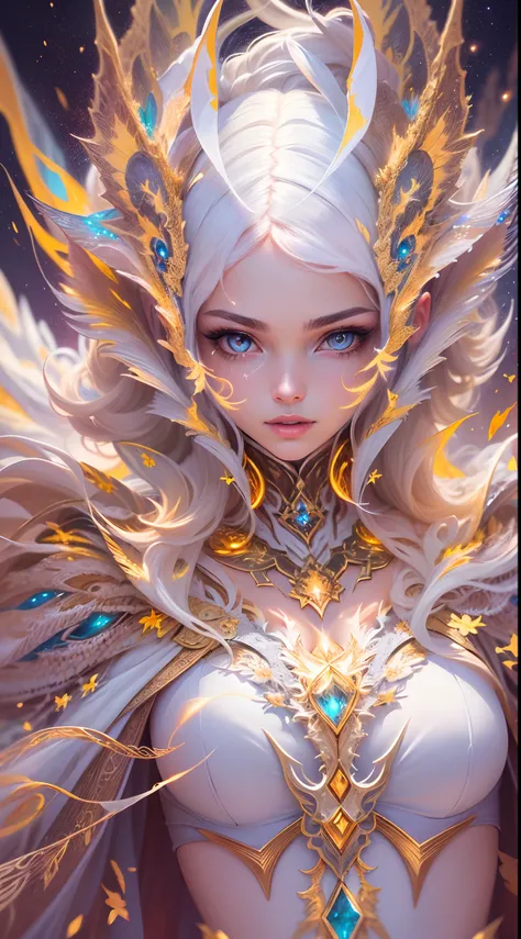 (masterpiece, top quality, best quality, official art, beautiful and aesthetic:1.2), (1girl), extreme detailed eyes, (fractal art:1.3), colorful, highest detailed, (perfect face), shiny skin, HDR, (white cloak golden lines:1.2), galaxy, (light streaks), st...