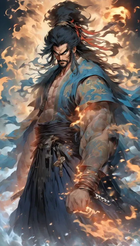 middle aged man, Evil painting style, A high resolution, Black color hair, Half are demon bodies，Half of it is demon noodles, Chinese Warrior, Delicate three-dimensional blue flame demon face, sbeard, Wearing a hat, Expression of anger, Perfect body propor...