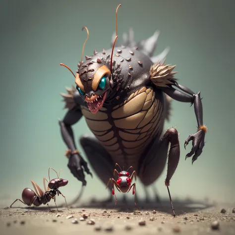 animation of ants as monsters,big,wild, holding another ants who scared and want to escape from him.3D.upscales --auto --s2