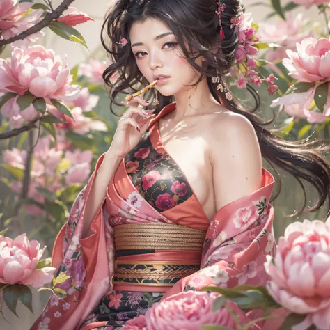 masutepiece, High resolution，Best Quality，High Definition, Perfect composition, Perfect face, Perfect body, 8K，Cinematic lighting，Pink kimono，Off-shoulder，Large breasts，Navel，鎖骨，(Taste the smoke pipe)，(Full body tattoo)，Peony tattoo，(Hairstyle is Yokohyōgo...