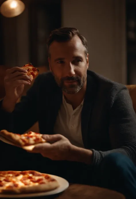 Candid shot, a man relaxed on his home sofa, enjoying a slice of pizza, a contented expression, cozy living room setting, soft warm lighting from a table lamp,