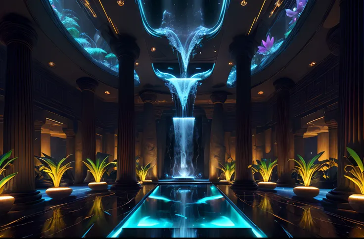 incredible luxurious futuristic interior in Ancient Egyptian style with many ((lush plants)) (lotus flowers), ((palm trees)), rocky walls, (sand), ((waterfalls)) (marble), ((precious minerals)), ((metals)), (gemstones), crystals, clouds and ((water)), croc...