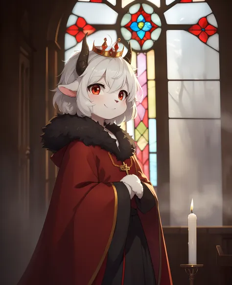 uploaded on e621, ((by Yurusa, by Childe Hassam, by Kenket, by Kyoto Animation)),
solo (chibi:1.15) ((sheep (lamb (cult of the lamb)), black body and white fur, white hair, horn, clear red sclera)),
(wear red crown, red cloak, grey black gown:1.25), (flat ...