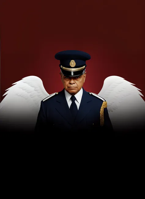 There is a man in uniform with wings on his head, humano alado, gold wings on head, totalitarian socialist angel, menino alado, captain, anjo baixo, anjo protegendo o homem, oficial, imagem promocional, Arte Promocional, promo ainda, asas grandes, alado, w...