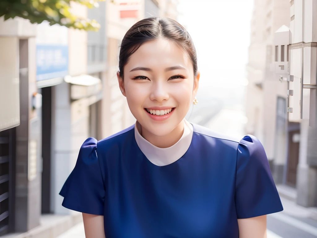 arad woman in blue dress smiling in the city, jaeyeon nam, wan adorable korean face, choi hyun-hwa, and she smiling，very happy, ...