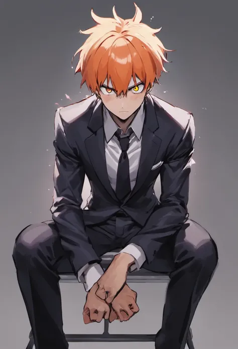 ichigo kurosaki sitting on a bench in a square, tired, in a suit, white background