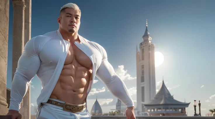 Elegant Chinese strong man, Strong physique, White robe, White Arabic pants, Light blue noble shirt, White boots, Messy light blue hair, A satisfied expression, Short hair, dark strong blue eye, Noble appearance, Ancient castle, medieval environment，magicl...