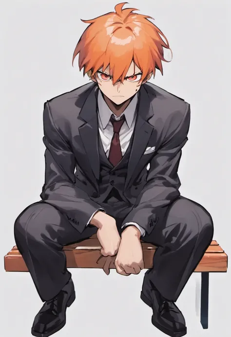 ichigo kurosaki sitting on a bench in a square, looking tired, in a suit, white background