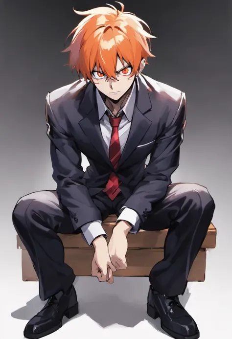 ichigo kurosaki sitting on a bench in a square, looking tired, in a suit, white background