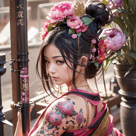 masutepiece, High resolution，Best Quality，High Definition, Perfect composition, Perfect face, Perfect body, 8K，Cinematic lighting，Pink kimono，Off-shoulder，Large breasts，Navel，鎖骨，(Full body tattoo)，Peony tattoo，(Smoked pipe to taste)，(Hairstyle is Yokohyōgo...