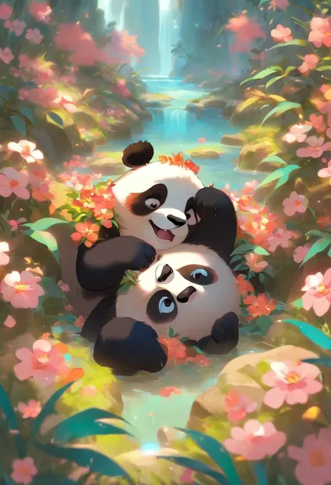 The prompt for the first theme is as follows:
"A cute panda lying on flowers, a naked girl with big eyes, blush, lazily waving, high details, in a welcoming pose."

Please make sure to follow all the prompt format requirements and include the necessary det...