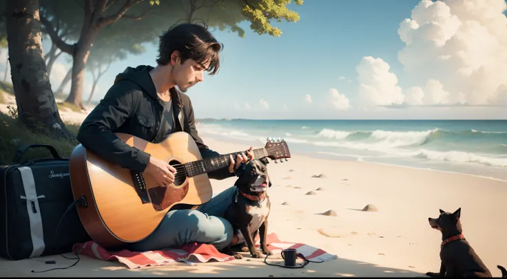 A man sitting alone , beach, guiter, music, a dog,trees, waves