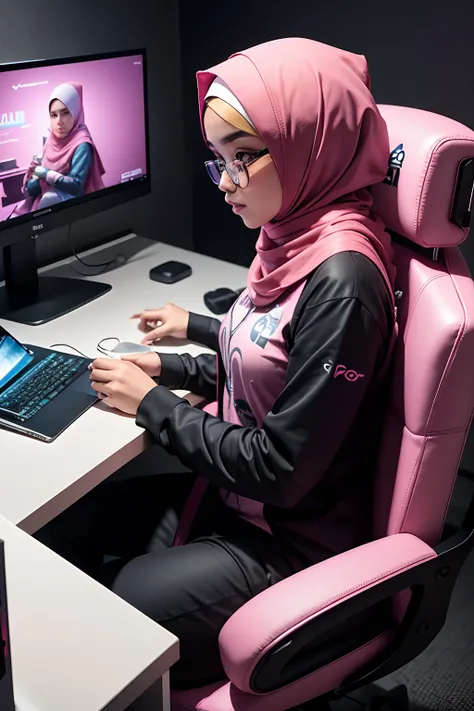 malay woman in hijab sitting in a chair with a remote control in front of a computer, twitch streamer, gaming chair as a toilet, gaming chair, for aaa game, gamer aesthetic, pokimane, e-sport style, profile picture 1024px, casual pose, captured on canon eo...