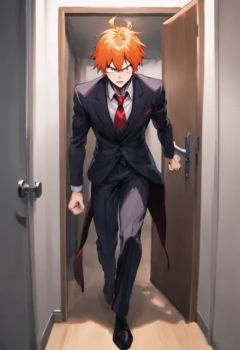 ichigo kurosaki entering the door into a room, looking tired, in a suit, white background