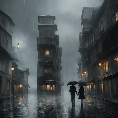 The moment when the story begins Dark atmosphere and rainy weather, attire, scenery , couples kissing Anime