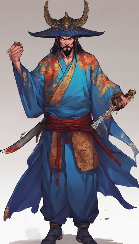 middle aged man, Evil painting style, A high resolution, Black color hair, Half is the body of a demon，Half a demon face, Chinese Warrior, Delicate three-dimensional blue flame demon face, sbeard, Wearing a hat, Expression of anger, Perfect body proportion...