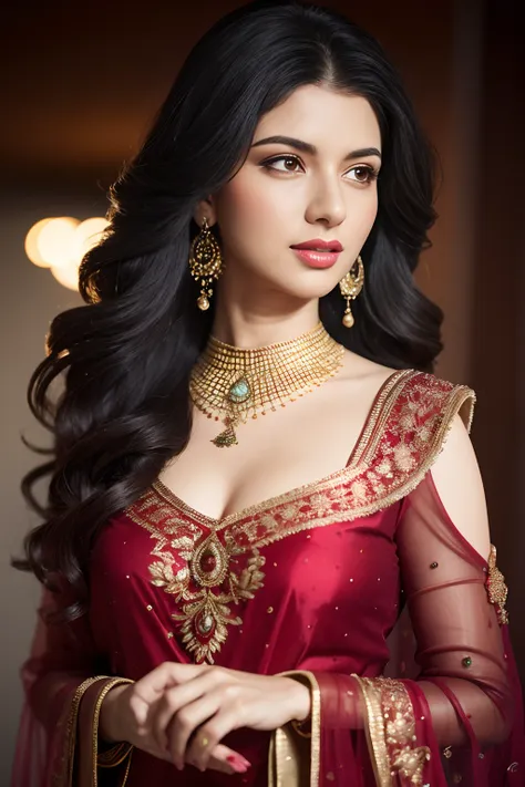 portrait of a confident-looking indian woman princess with long flowing hair, hazel eyes, smiling, walking, looking front, jewel...