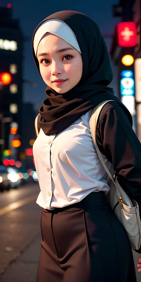 1 malay girl in hijab, Tokyo street,night, cityscape,city lights,upper body,close-up,smile,, (8k, RAW photo, best quality, masterpiece:1.2),(realistic, photo-realistic:1.37),