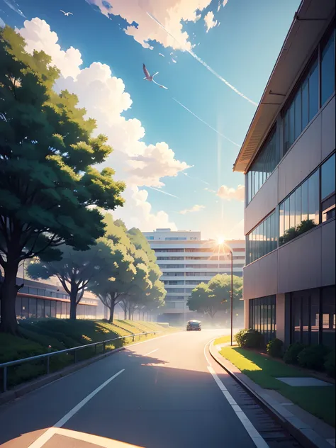 Teaching building with large perspective，Composition from the bottom up，On the left half is the glass of the school building，On the left half is the football field，The sun shines from the left，Green trees，There are several small birds flying in the blue sk...