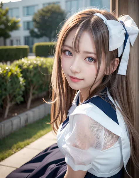 (See-through:1.3),white serafuku,sailor dress, White theme,School uniform, Sailor Suit, Looking at Viewer,  Beautiful hair, Beautiful detailed eyes,Hair glows,Dramatic Angle,blue sailor collar, perky breast,lightsmile,Sexy Beauty