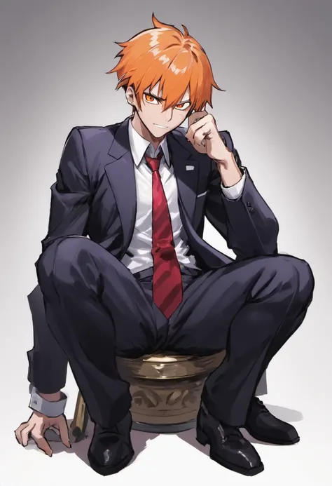 ichigo kurosaki sitting talking to a man in a suit, looking tired, in a suit, white background