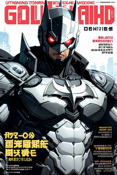 masterpiece,  (best quality), (ultra-detailed), (ultra-realistic:1.2), landscape,  sci-fi, transistorpunk,  cyberpunk, biopunk, (magazine cover:1.4), (gray, white), batman huge muscular robot, visor,batman, mechanical muscular sharp mask on face, black cap...