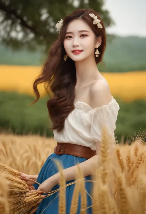 Korean woman, (Masterpiece, Beautiful people, Contaminated smile), Virtual Youku, Farm work in the countryside, (are present (Cut the wheat: 1.4)), fertilize, Weeding, plain face, No makeup, Country Girl, pony tails, Detailed skin texture, Detailed cloth t...