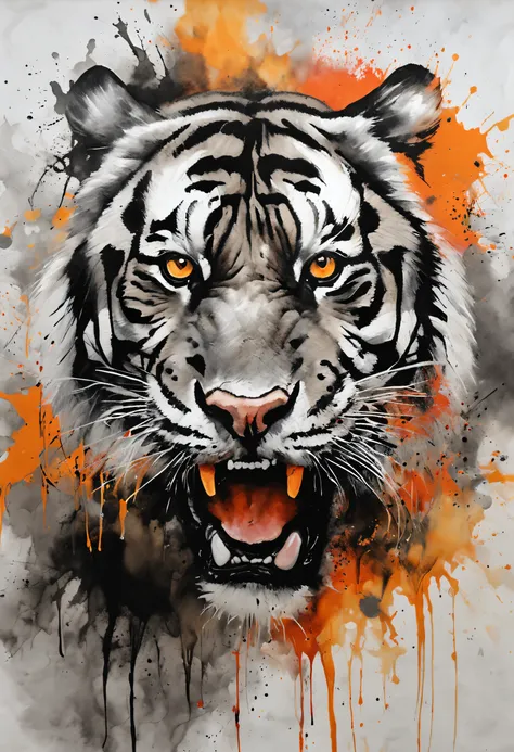 Black and gray realistic tattoo art of tiger with (((orange eyes))) with ink splatter sketch effect ,he is with open mouth looking very fierce and angry