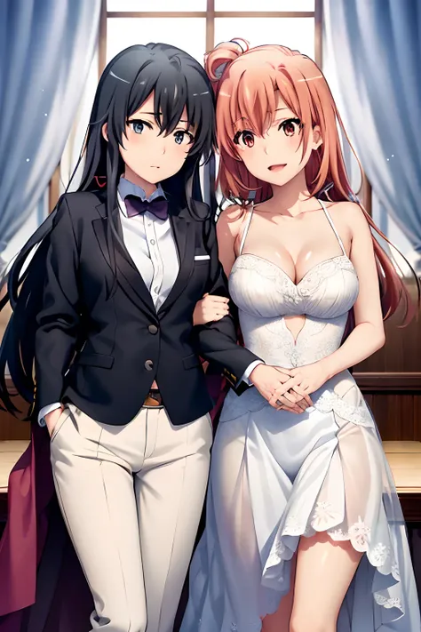 2 girls, Yuri, Yukinoshita Yukino, Yuigahama Yui, Yukinoshita wears a tuxedo and jeans, Yuigahama in bridal dress, Females only, bridal carry ,