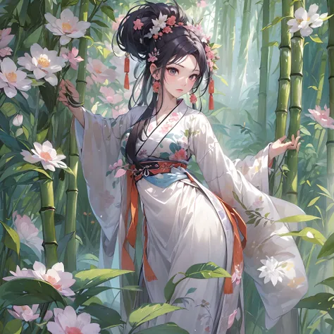 ((Masterpiece, Highest quality)), Detailed face, CharacterDesignSheet， full bodyesbian, Full of details, Multiple poses and expressions, Highly detailed, Depth, Many parts，white backgrounid，Beautiful Chinese girl，National style，Hanfu，estilo fantasia，Extrem...