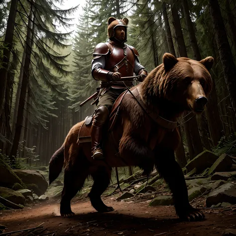 Experience model: brown bear running through the morning forest , His legs are visible , About the bear , ember, dressed in armor, Sitting on horseback , The legs of a man in stirrups are visible, attached to a bear; ,A man holds on to a bears neck with on...