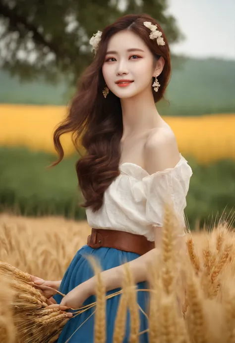 Korean woman, (Masterpiece, Beautiful people, Contaminated smile), Virtual Youku, Farm work in the countryside, (are present (Cut the wheat: 1.4)), fertilize, Weeding, plain face, No makeup, Country Girl, pony tails, Detailed skin texture, Detailed cloth t...