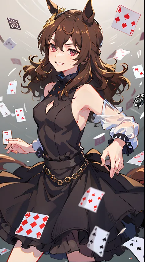 1 girl in、brown haired、short-cut、Red eyes、Horse-eared girl、grinning、gambling、(Dancing Playing Cards:1.4)