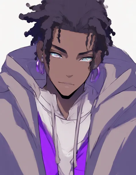 a drawing of an dark skin person with a black dreadlocks and a white shirt, wearing yin yang styled hoodie, halfbody portrait, tyler jacobson style, anime character, cel shaded:15, young anime man, androgynous appearance, shaggy dreadlocks, Smiling, hetroc...