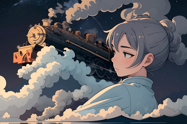 beautiful and asethetic, masterpiece, best quality, drawing of a side view of a steam train travelling over water with a celestial sky in the background at night, stars in the smoke, muted colors, by james jean style