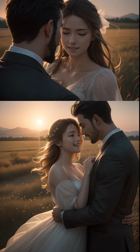 Photorealistic Production Still of a Man and Woman Hugging and Laughing, Epic Romantic Scene, Ethereal field at Evening Background, Ambient Lighting, Film Still, Cinematic Shot and Lighting, Realistic Colors, Intricate Face Detail, Intricate Hand Details, ...