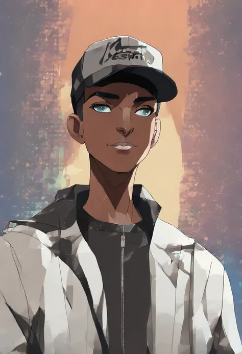 (masterpiece, beautiful, highres), illustration, 1boy, solo, (((cartoon style: 1))),  Dark skin male((African-American teenager)) wearing an black cap, a black suit jacket with an orange badge over the breast-pocket over a high-collared black shirt, pants ...