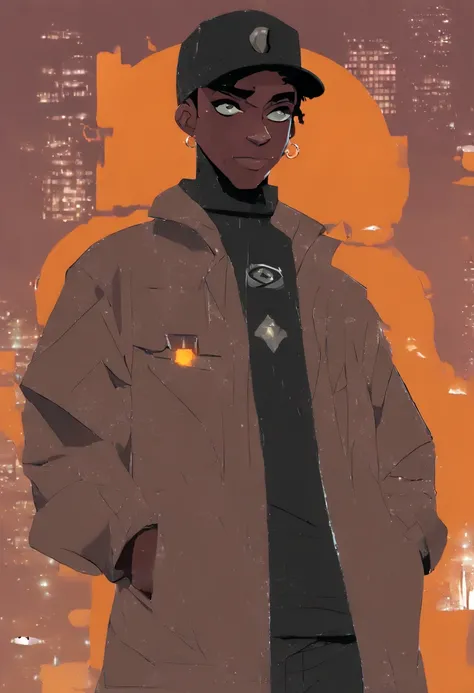 (masterpiece, beautiful, highres), illustration, 1boy, solo, (((cartoon style: 1))),  Dark skin male((African-American teenager)) wearing an black cap, a black suit jacket with an orange badge over the breast-pocket over a high-collared black shirt, pants ...