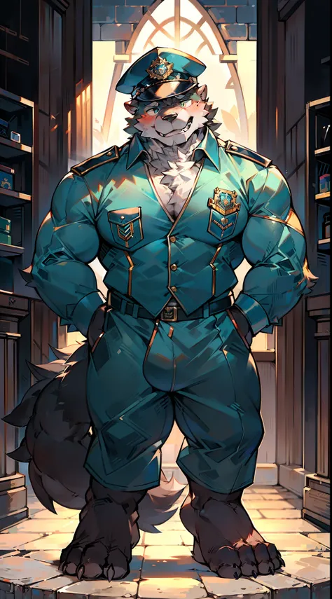 mature male，middle-aged orcs，werecreature，anthropomorphic wolf，police officers，wear police cap，well-developed muscles，vast pecs，...